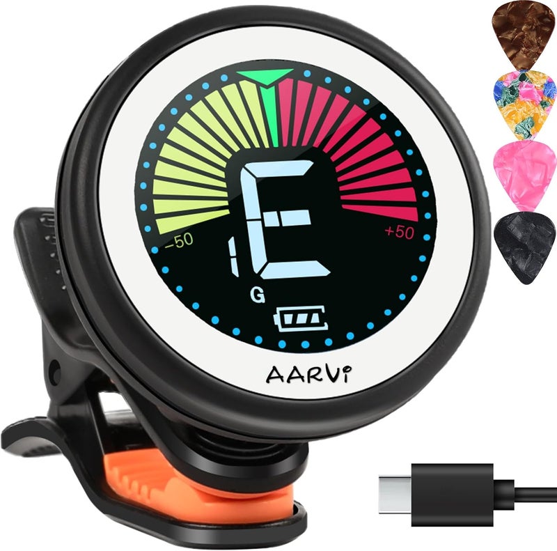 Aarvi Clip on guitar tuner rechargeable, for all instruments, acoustic/electric guitar, ukulele, bass, violin, Banjo, color LCD, semitone tuner, 4 Pack Guitar Picks Included - Image 1
